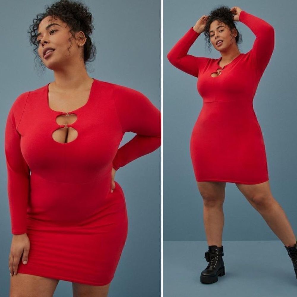 NWT Torrid Festi Long Sleeve O-Ring Red Mini Bodycon Dress, Size 2X